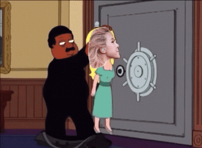 A Cartoon Shows A Man And A Woman Standing In Front Of A Safe GIF