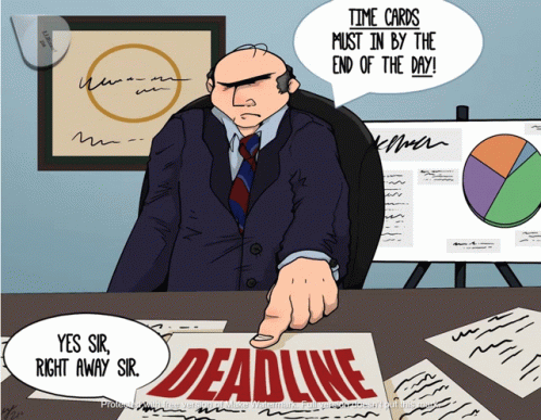 A Cartoon Shows A Man Pointing At A Sign That Says Deadline GIF