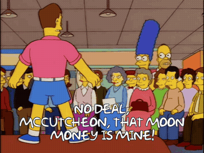 A Cartoon Shows A Man Standing In Front Of A Crowd With The Words No Deal Mccutcheon That Moon Money Is Mine GIF
