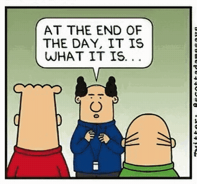 A Cartoon Shows A Man With A Speech Bubble That Says At The End Of The Day It Is What It Is .. GIF