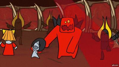 A Cartoon Shows A Red Monster With Horns And A Yellow Flame GIF