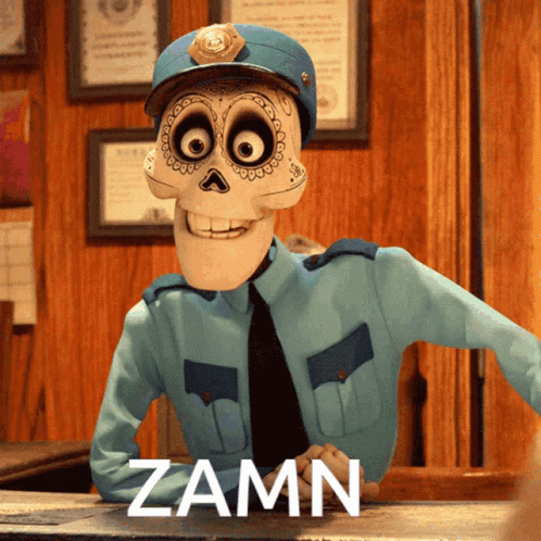A Cartoon Skeleton In A Police Uniform With The Word Zamn Written On The Table GIF
