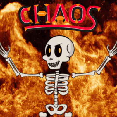 A Cartoon Skeleton Is Standing In Front Of A Chaos Sign GIF