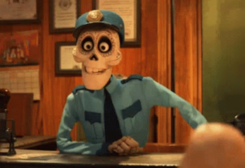 A Cartoon Skeleton Police Officer Is Sitting At A Counter GIF