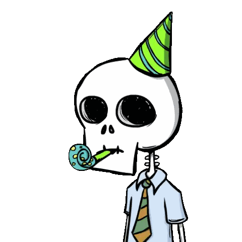 A Cartoon Skeleton Wearing A Party Hat And Tie Blowing A Party Horn Sticker