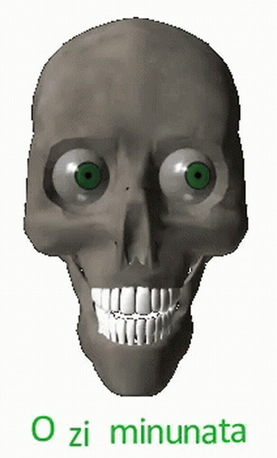 A Cartoon Skull With Green Eyes And Teeth Is Smiling And Says O Zi Minunata . GIF