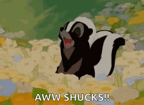 A Cartoon Skunk Is Standing In A Field Of Flowers With The Words Aww Shucks ! GIF