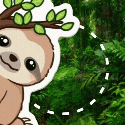 A Cartoon Sloth Is Peeking Out From Behind A Tree Branch With Leaves GIF