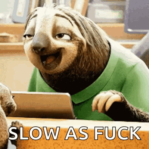 A Cartoon Sloth Is Sitting At A Desk With The Words Slow As Fuck On The Bottom GIF