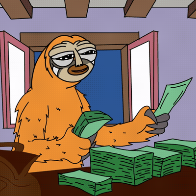 A Cartoon Sloth Is Sitting At A Table With Stacks Of Money GIF