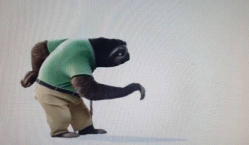 A Cartoon Sloth Is Walking With A Cane And Wearing A Green Shirt . GIF