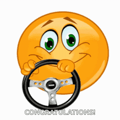A Cartoon Smiley Face Is Holding A Steering Wheel And The Words Congratulations Are Below It GIF