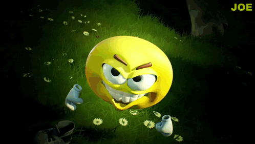 A Cartoon Smiley Face Is Standing In The Grass With The Name Joe Below It GIF
