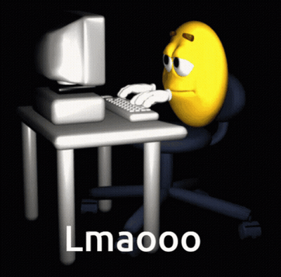 A Cartoon Smiley Face Is Typing On A Computer And The Word Lmaoo Is On The Table In Front Of Him GIF