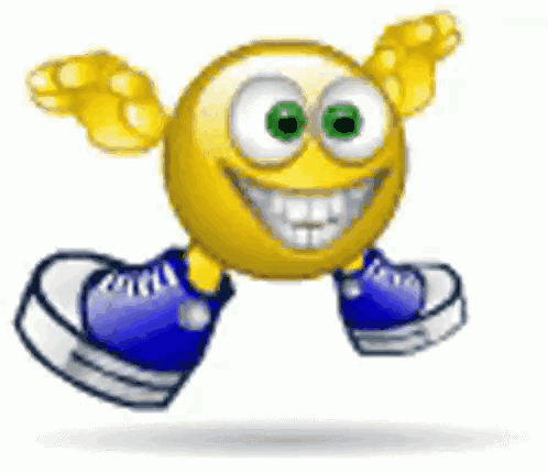 A Cartoon Smiley Face Is Wearing Blue Shoes And Flying In The Air . GIF