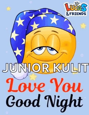 A Cartoon Smiley Face Wearing A Blue Hat With Stars And The Words Junior Kulit Love You Good Night GIF