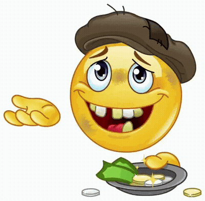 A Cartoon Smiley Face Wearing A Hat Is Holding A Plate Of Money . GIF