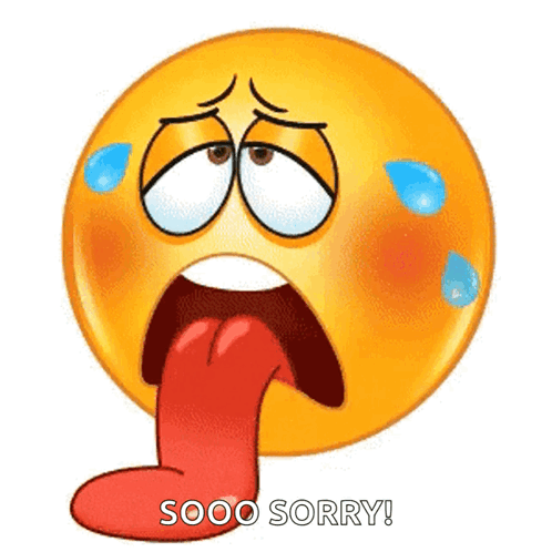 A Cartoon Smiley Face With A Long Tongue Sticking Out And The Words Sooo Sorry Written Below It . GIF