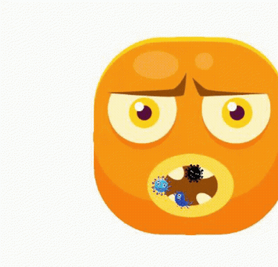 A Cartoon Smiley Face With A Mouth Open And A Few Bacteria On It . GIF