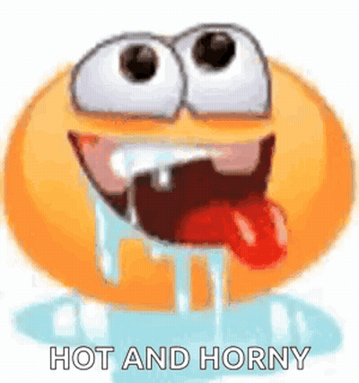 A Cartoon Smiley Face With A Tongue Sticking Out And The Words `` Hot And Horny '' . GIF