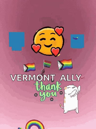 A Cartoon Smiley Face With Hearts Around It And The Words Vermont Ally Thank You Below It GIF