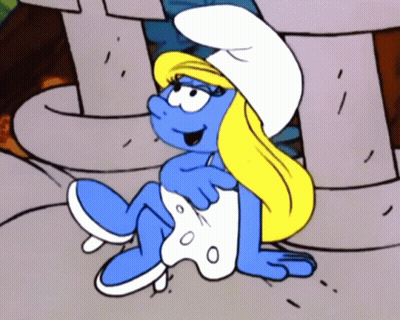 A Cartoon Smurf Wearing A White Dress And A White Hat GIF