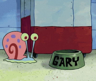 A Cartoon Snail Is Standing Next To A Bowl With The Name Gary On It GIF