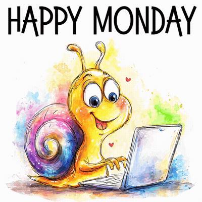 A Cartoon Snail Is Typing On A Laptop With The Words Happy Monday Above It GIF