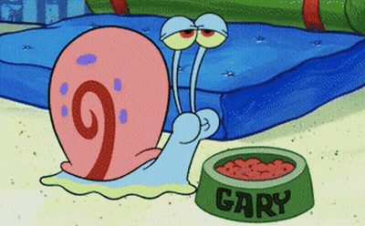 A Cartoon Snail Named Gary Is Eating From A Bowl Of Food GIF