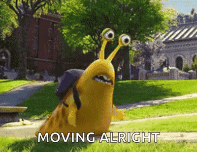 A Cartoon Snail With A Backpack On Its Back Is Moving Alright GIF