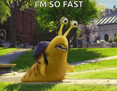 A Cartoon Snail With A Backpack On Its Back Says I 'M So Fast . GIF