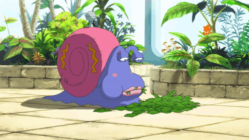A Cartoon Snail With A Pink Shell Is Eating Leaves On A Sidewalk GIF