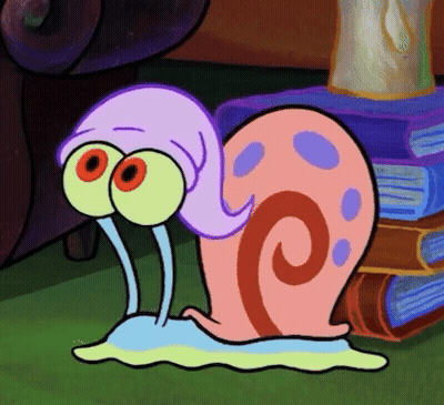 A Cartoon Snail With A Purple Tail And Big Eyes GIF