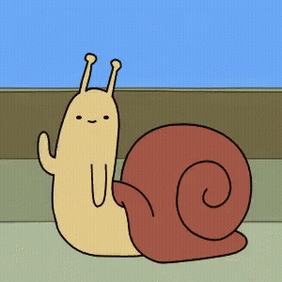A Cartoon Snail With A Red Shell Is Sitting On A Concrete Surface GIF