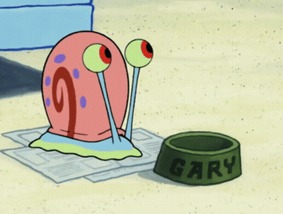 A Cartoon Snail With Its Tongue Hanging Out Next To A Green Bowl That Says Gary GIF