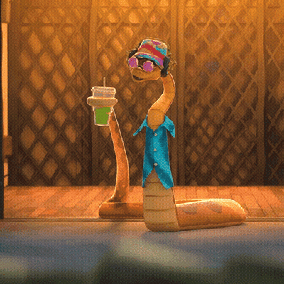 A Cartoon Snake Wearing Sunglasses And Headphones Is Holding A Cup Of Green Liquid GIF