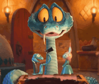 A Cartoon Snake With A Sword In Its Mouth Is Standing Next To A Rabbit In A Room . GIF
