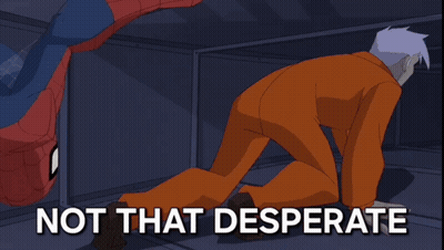 A Cartoon Spider-Man Face With The Words Never That Desperate Below It GIF