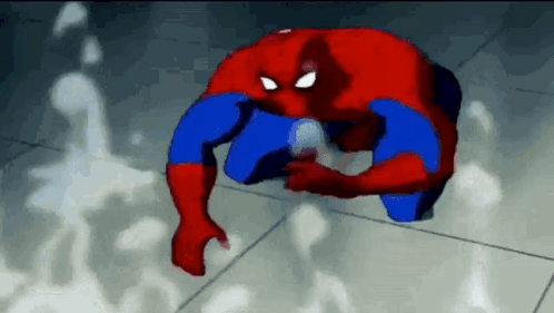 A Cartoon Spider-Man Is Kneeling Down On The Floor And Holding A Bottle Of Water . GIF