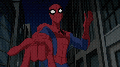 A Cartoon Spider-Man Is Standing In Front Of A Building GIF