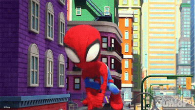 A Cartoon Spider Man Is Standing On A Ledge In A City . GIF