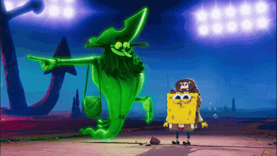 A Cartoon Spongebob And A Green Ghost With A Skull And Crossbones Hat GIF