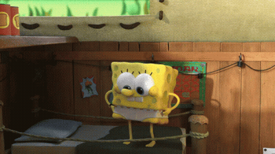 A Cartoon Spongebob Is Standing On A Bed In A Room GIF
