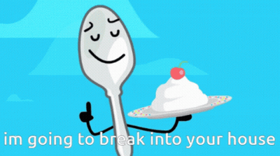 A Cartoon Spoon Is Holding A Plate With Whipped Cream And A Cherry On It GIF