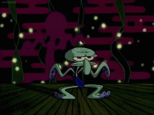 A Cartoon Squidward From Spongebob Squarepants Is Dancing In A Dark Room . GIF