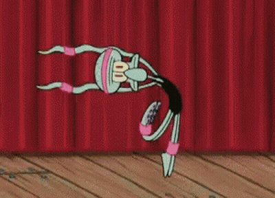A Cartoon Squidward From Spongebob Squarepants Is Doing A Handstand On A Stage . GIF