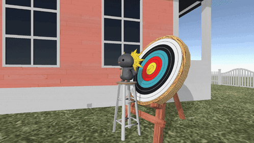 A Cartoon Squirrel Sits On A Stool In Front Of A Large Archery Target GIF