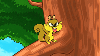 A Cartoon Squirrel Sitting On A Tree Trunk GIF