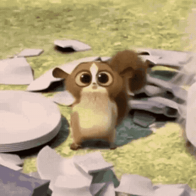 A Cartoon Squirrel With Big Eyes Is Standing In A Pile Of Plates And Napkins . GIF