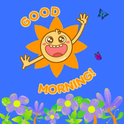A Cartoon Sun Says Good Morning With Butterflies Flying Around GIF